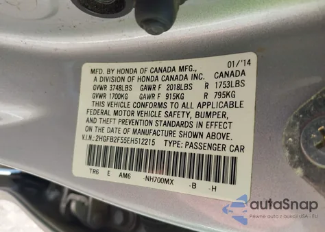 2014 Honda Civic Lx z USA, uszkodzony, nr VIN 2HGFB2F55EH512215